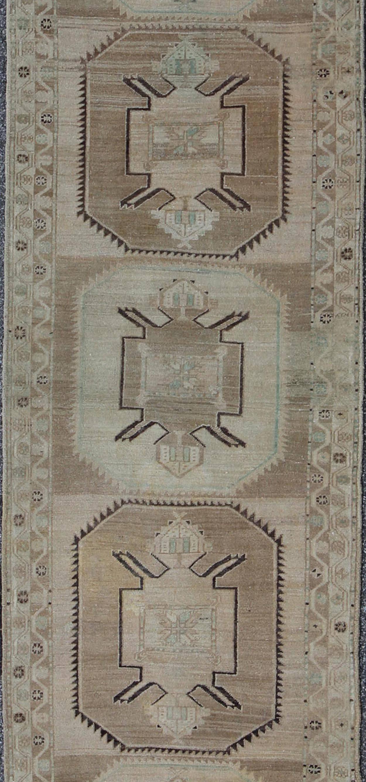 Turkish Oushak Runner with Geometric Design in Neutral Colors