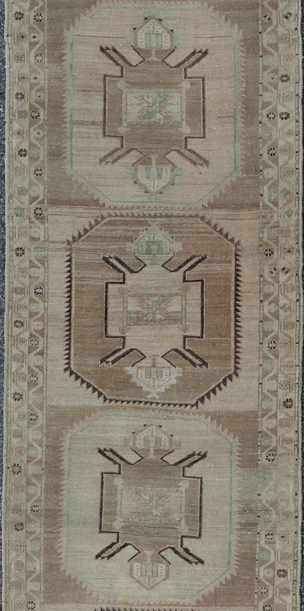 Hand-Knotted Oushak Runner with Geometric Design in Neutral Colors
