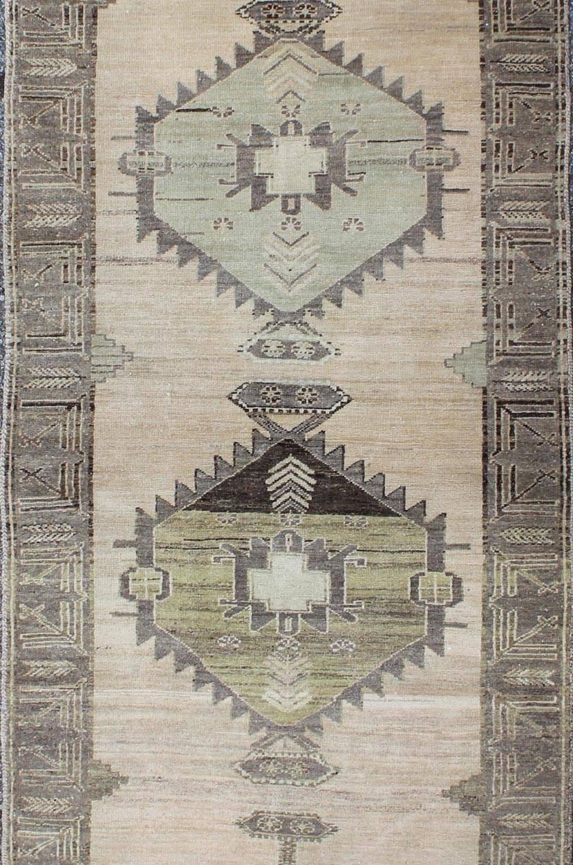 Turkish Vintage Oushak Runner Influence by Ottoman Designs in Neutral Colors