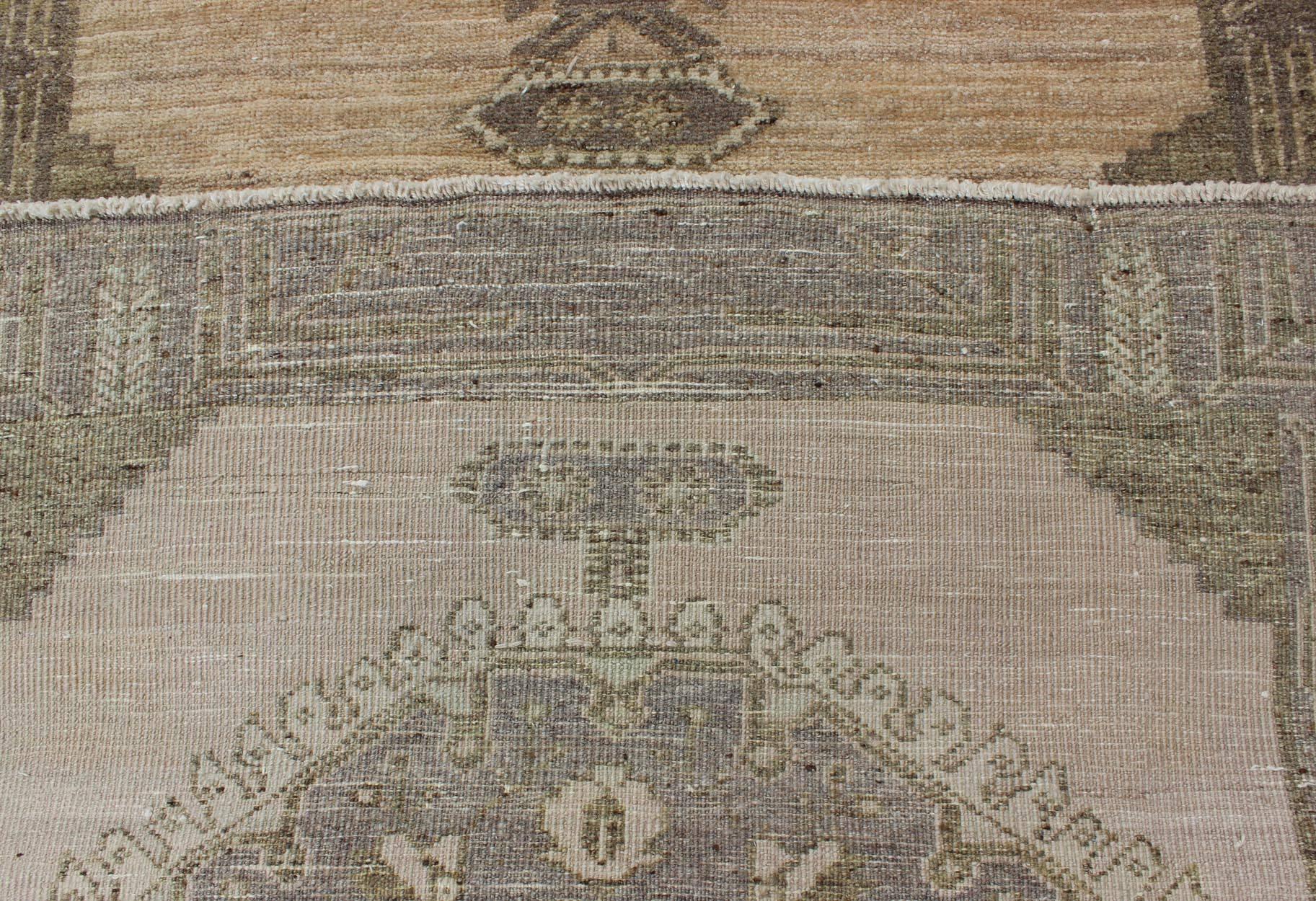 Vintage Oushak Runner Influence by Ottoman Designs in Neutral Colors 1