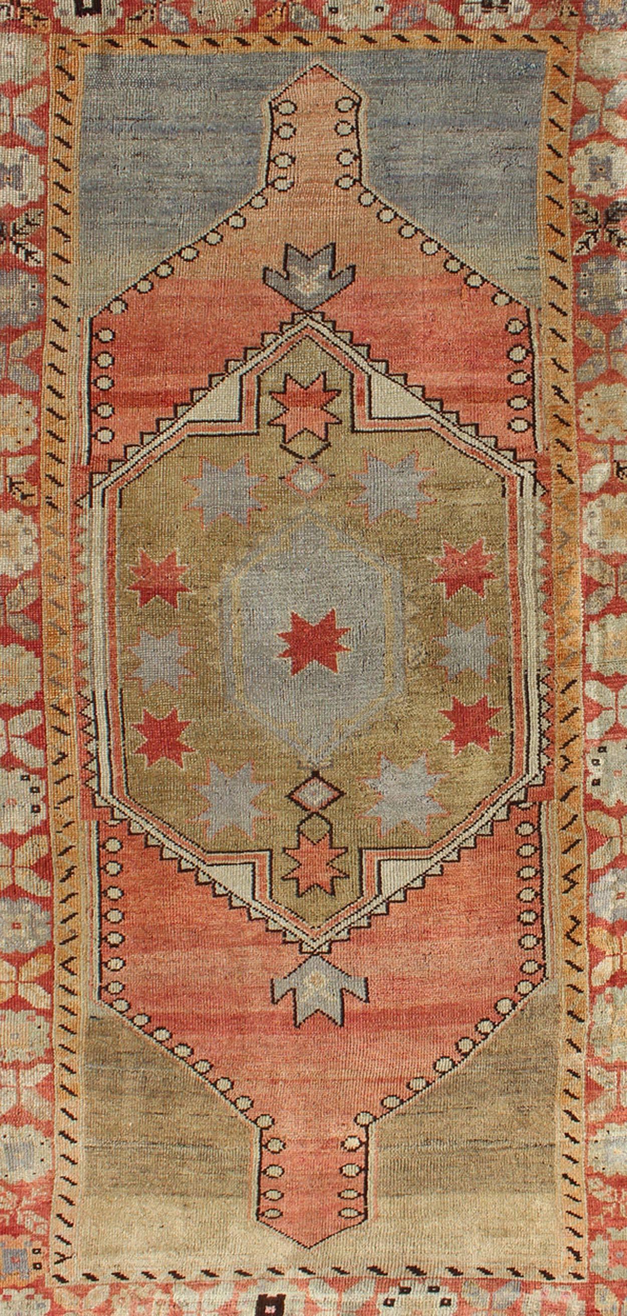 Hand-Knotted Vintage Turkish Oushak Rug in Faded Red, Camel, Light Blue