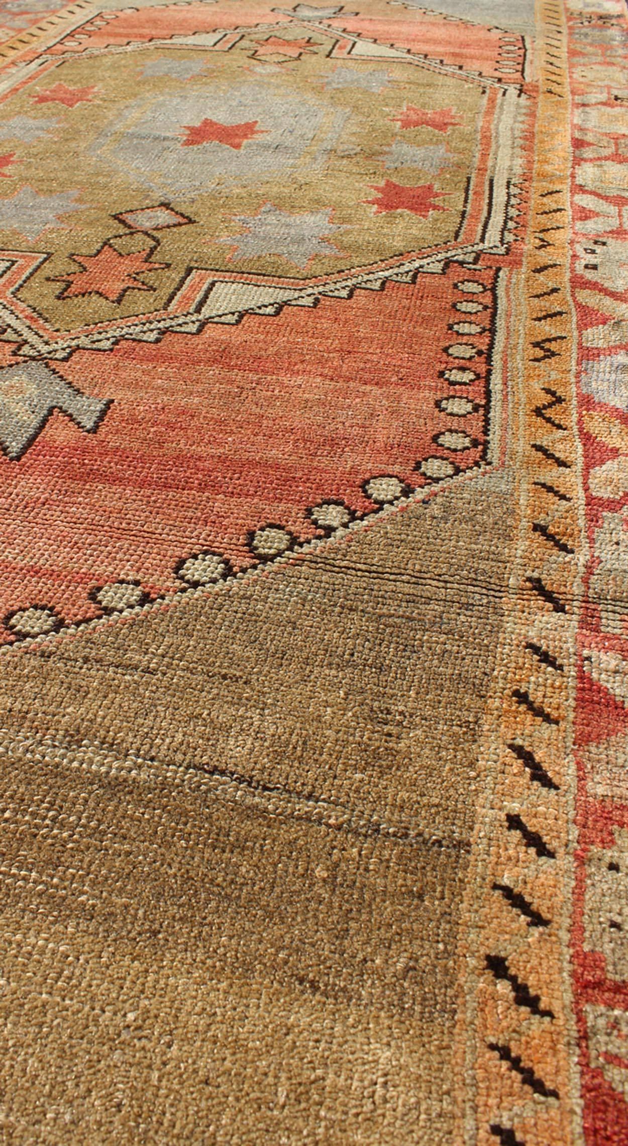 Mid-20th Century Vintage Turkish Oushak Rug in Faded Red, Camel, Light Blue