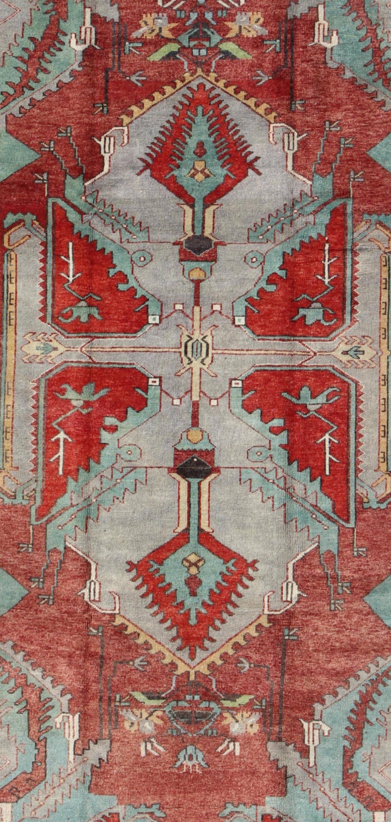 Hand-Knotted Vintage Turkish Oushak Gallery Rug with Geometric Design