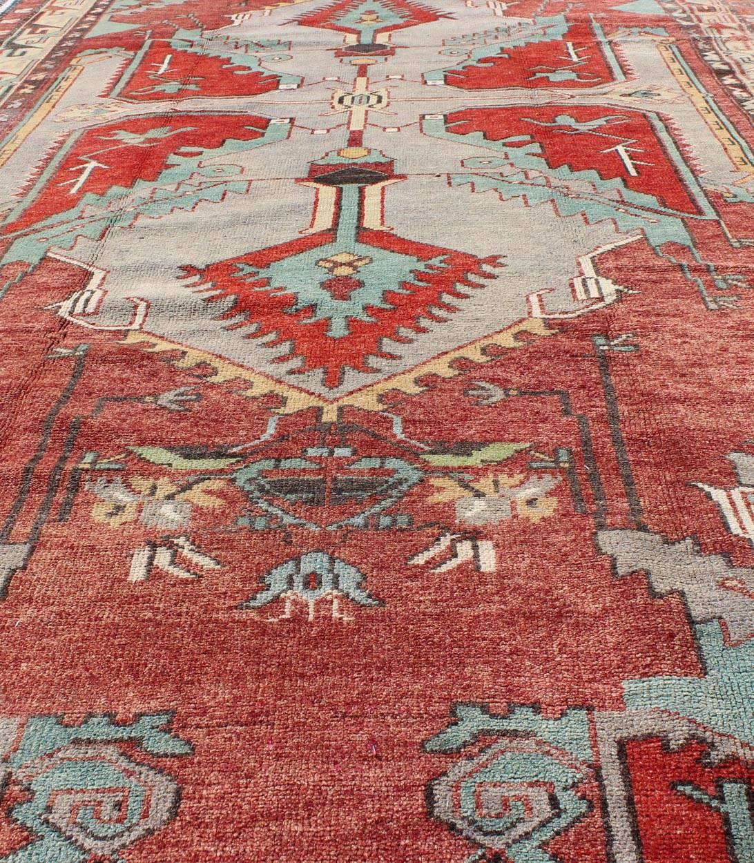 Wool Vintage Turkish Oushak Gallery Rug with Geometric Design