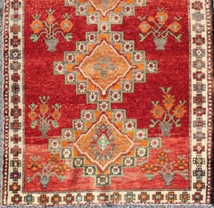 Vintage Turkish Oushak Runner in Beautiful Royal Red, Light Blue/Gray and Orange