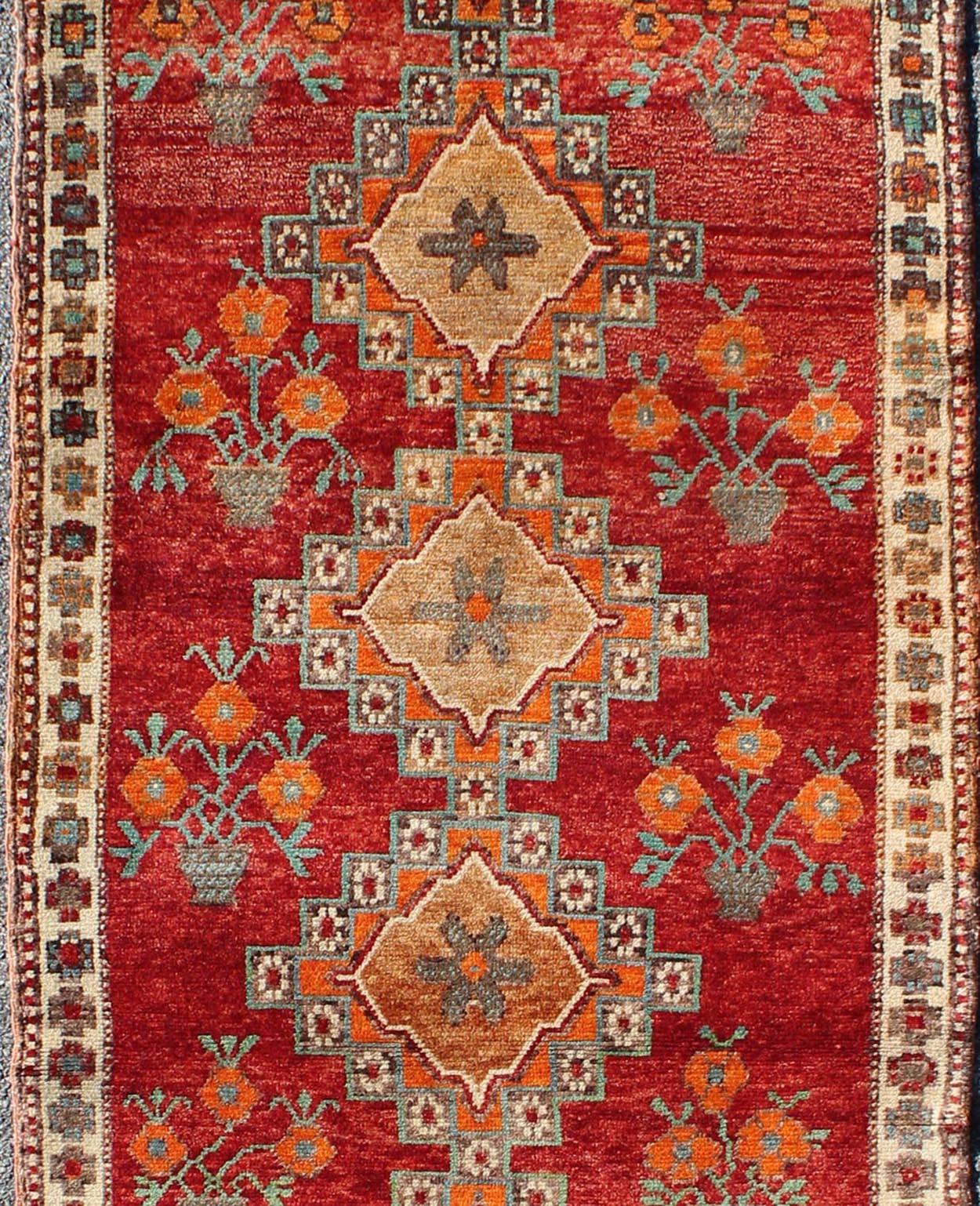 Hand-Knotted Vintage Turkish Oushak Runner in Beautiful Royal Red, Light Blue/Gray and Orange For Sale