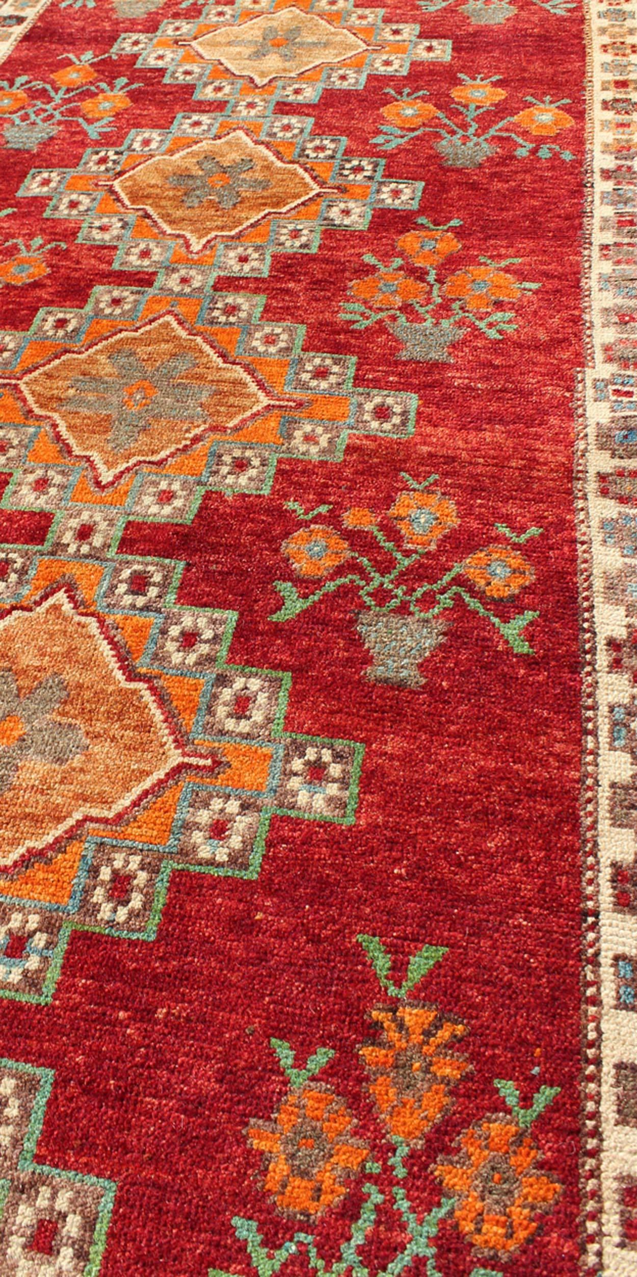 Vintage Turkish Oushak Runner in Beautiful Royal Red, Light Blue/Gray and Orange In Good Condition For Sale In Atlanta, GA