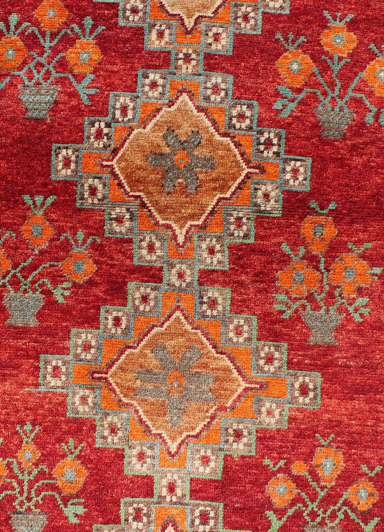 Mid-20th Century Vintage Turkish Oushak Runner in Beautiful Royal Red, Light Blue/Gray and Orange For Sale