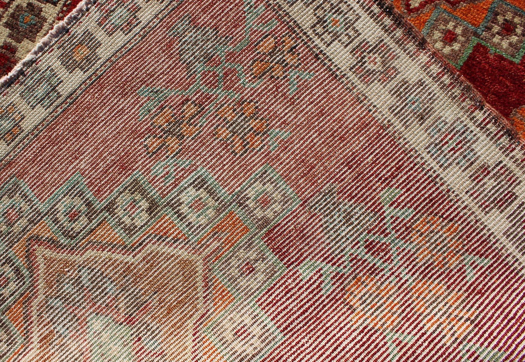 Wool Vintage Turkish Oushak Runner in Beautiful Royal Red, Light Blue/Gray and Orange For Sale