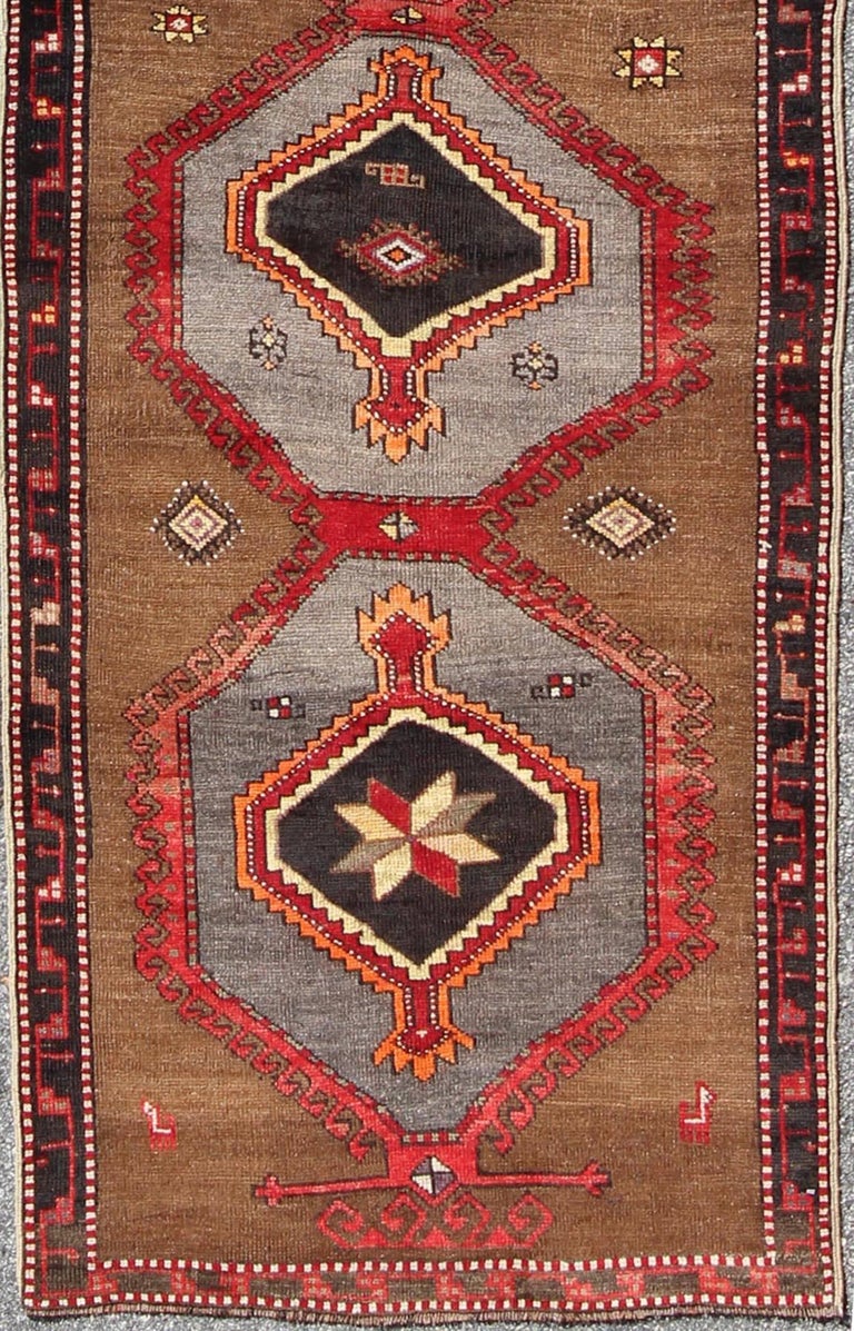 Geometric Turkish Runner in Light Brown Background with Gray, Red and ...
