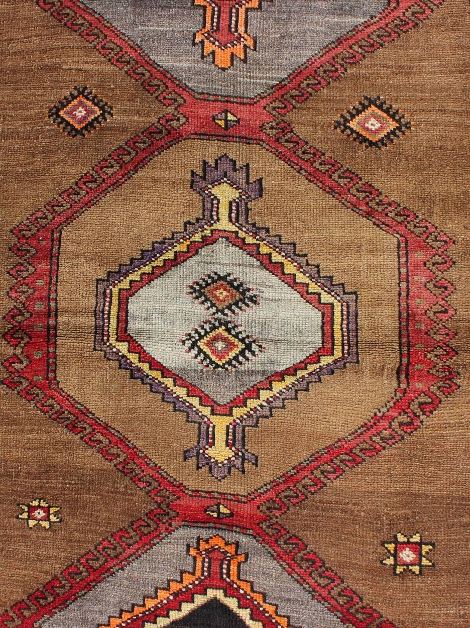 Mid-20th Century Geometric Turkish Runner in Light Brown Background with Gray, Red & Dark Brown For Sale