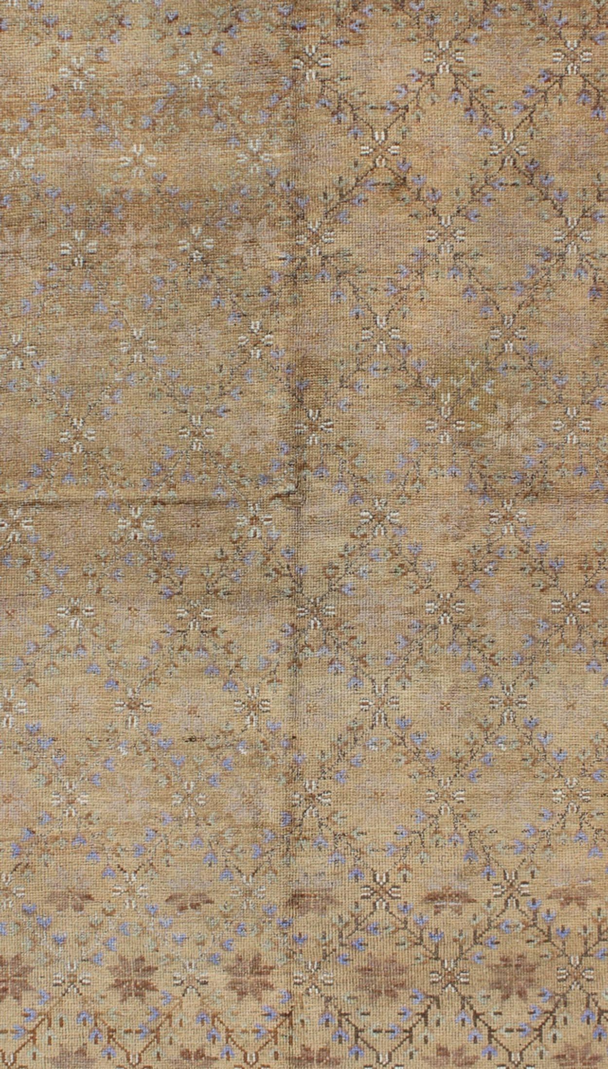 Hand-Knotted Turkish Oushak Rug with All-Over Design and Neutral Colors; Tan, Taupe, Icy Blue For Sale