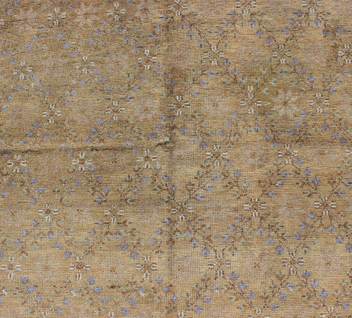 Wool Turkish Oushak Rug with All-Over Design and Neutral Colors; Tan, Taupe, Icy Blue For Sale