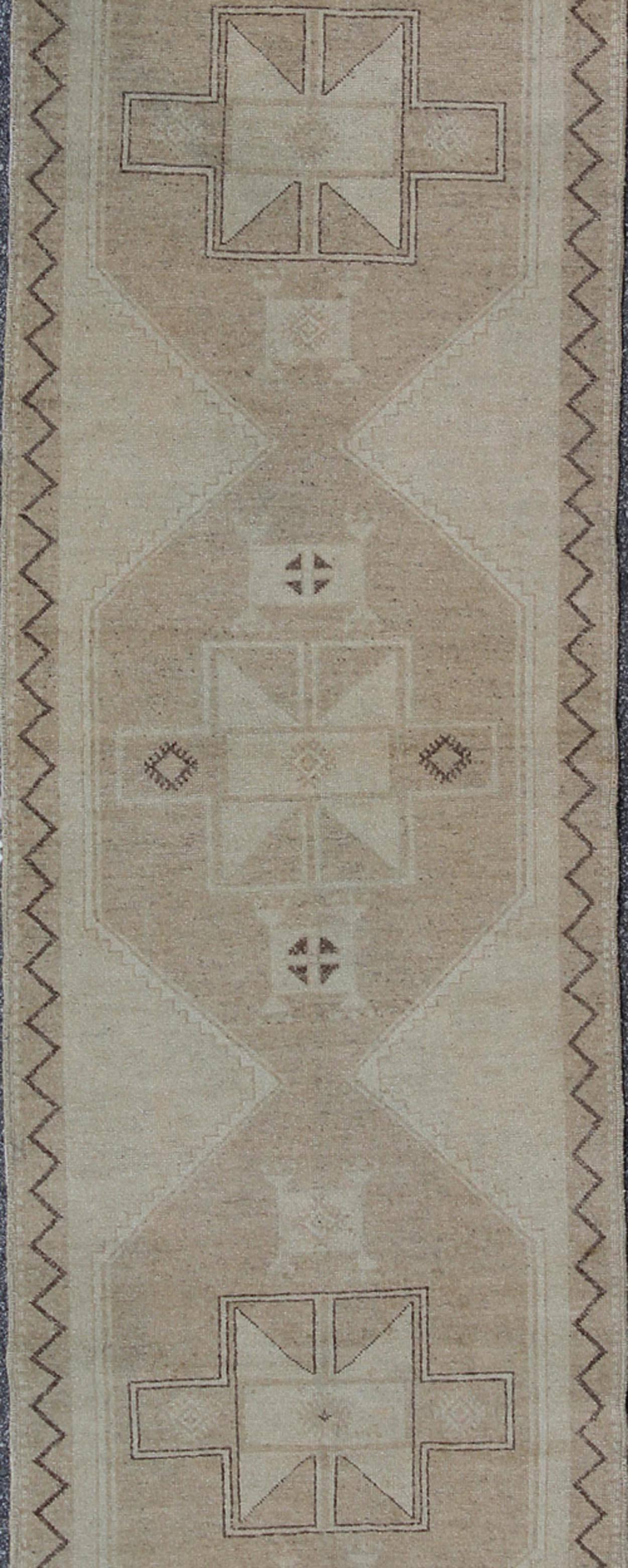 Turkish Vintage Oushak Runner with Neutral Colors, Taupe, Ivory, Tan and  Light Brown For Sale