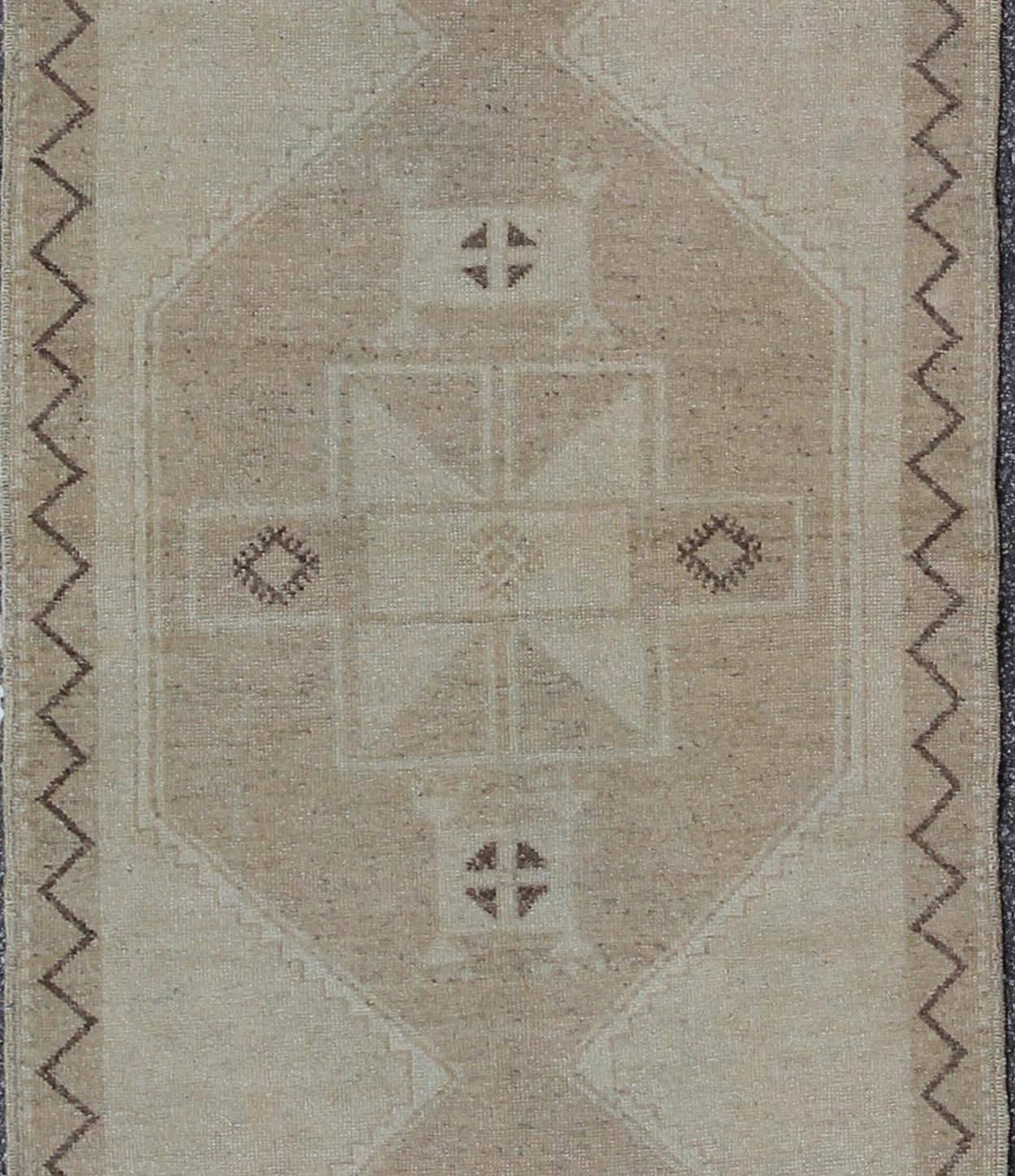 Hand-Knotted Vintage Oushak Runner with Neutral Colors, Taupe, Ivory, Tan and  Light Brown For Sale