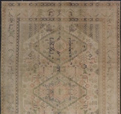 Vintage Turkish Tribal Medallion Oushak in Muted Green, Pink, and off White