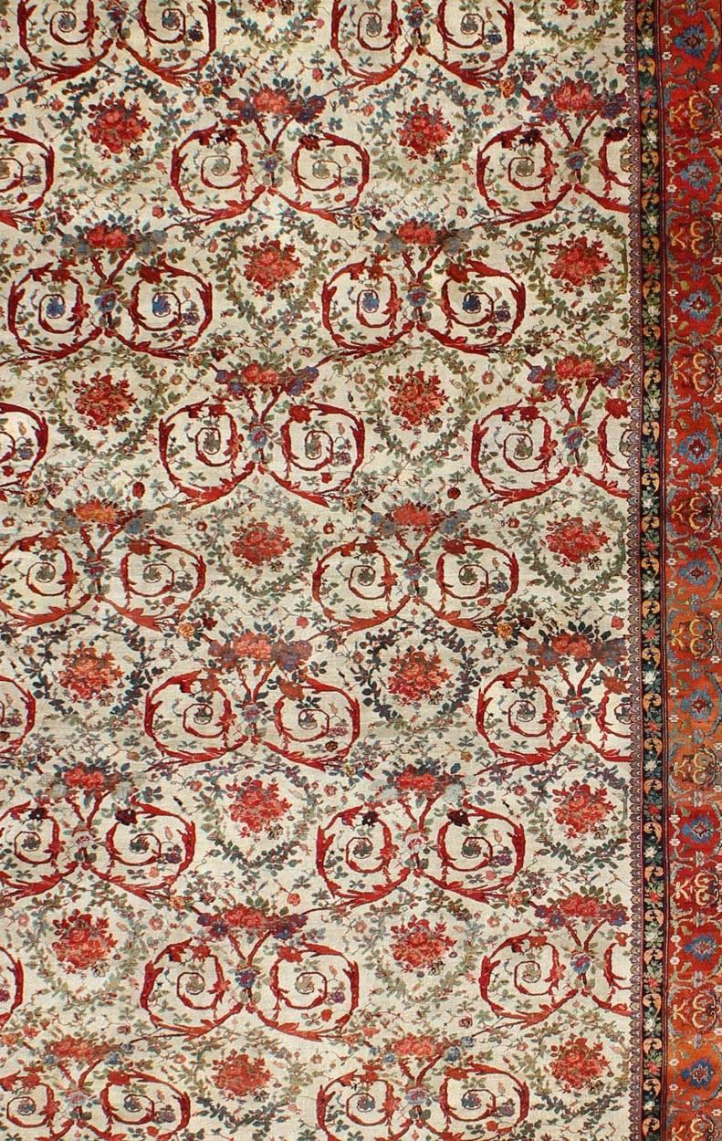 Late 19th Century Very Large Antique Persian Bidjar Carpet in Ivory Background and Multi-Colors