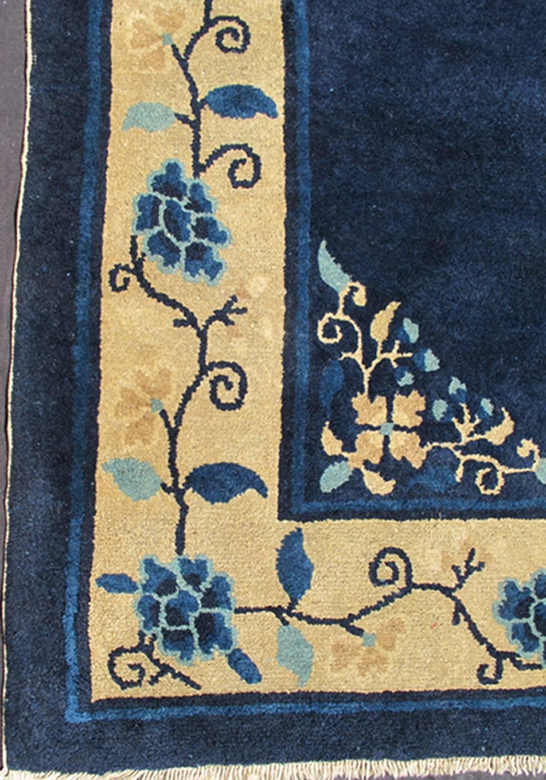 Hand-Knotted Antique Chinese Peking Carpet in Dark Blue Background For Sale