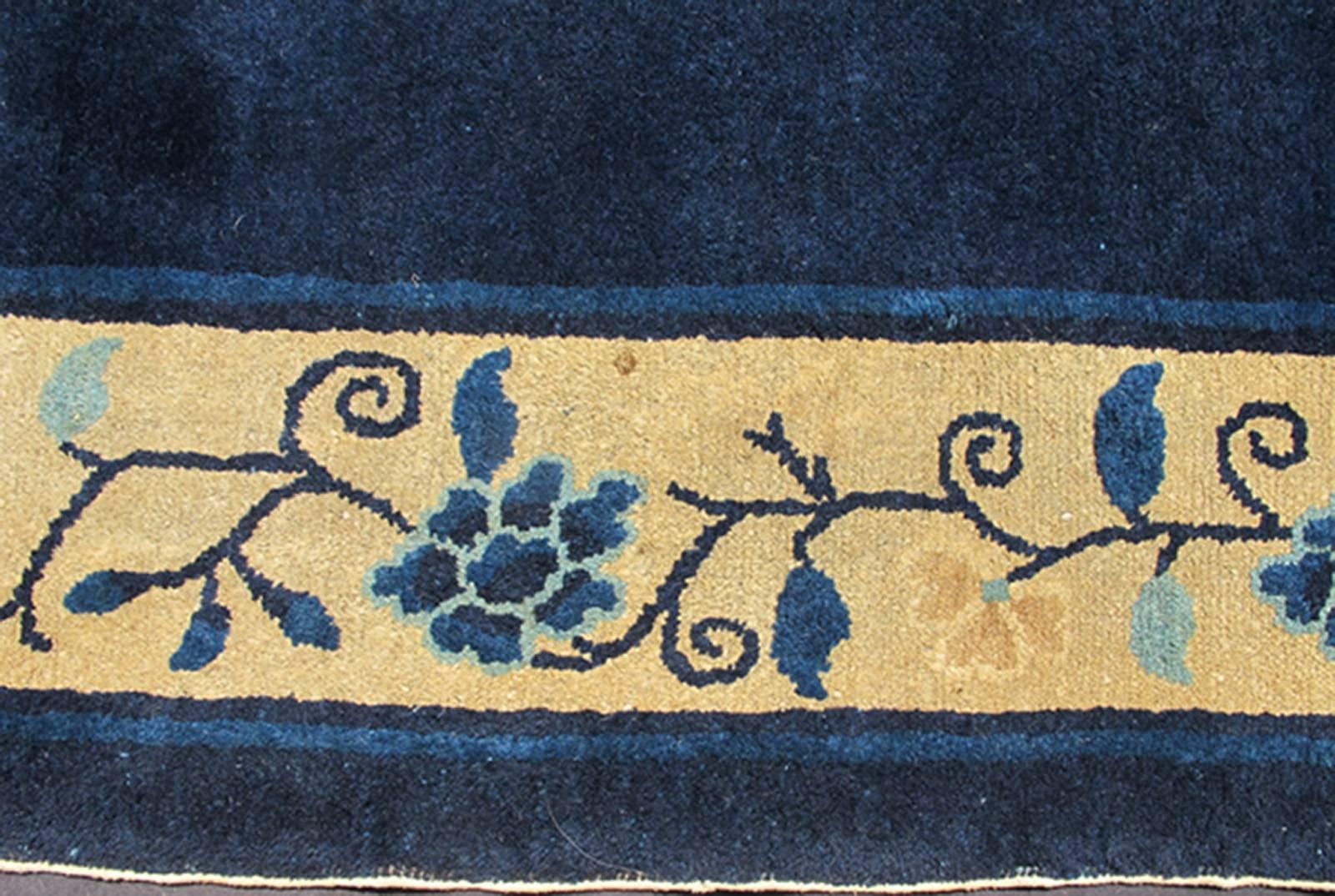 Art Deco Antique Chinese Peking Carpet in Dark Blue Background For Sale