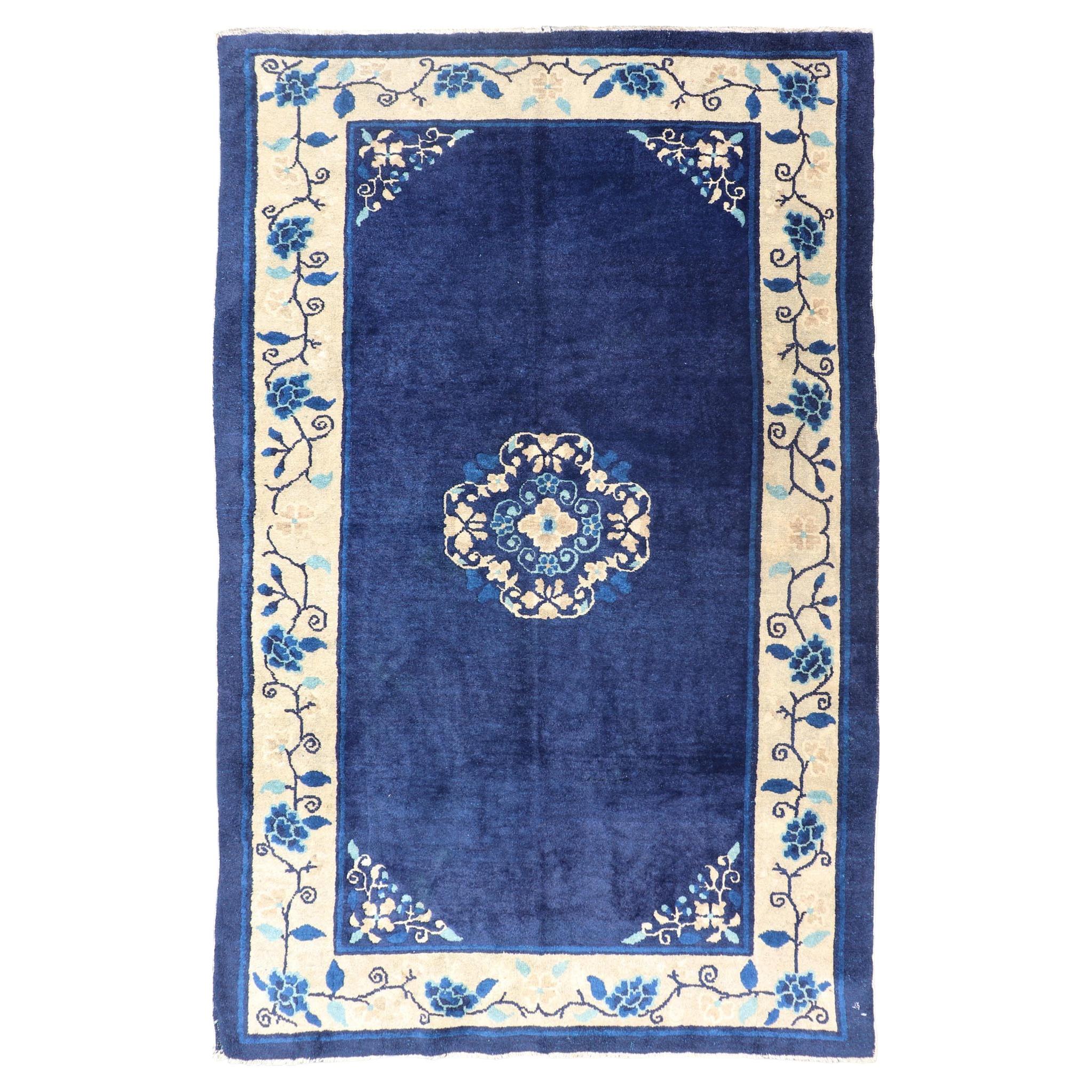 Antique Chinese Peking Carpet in Dark Blue Background 4' x 6'8
