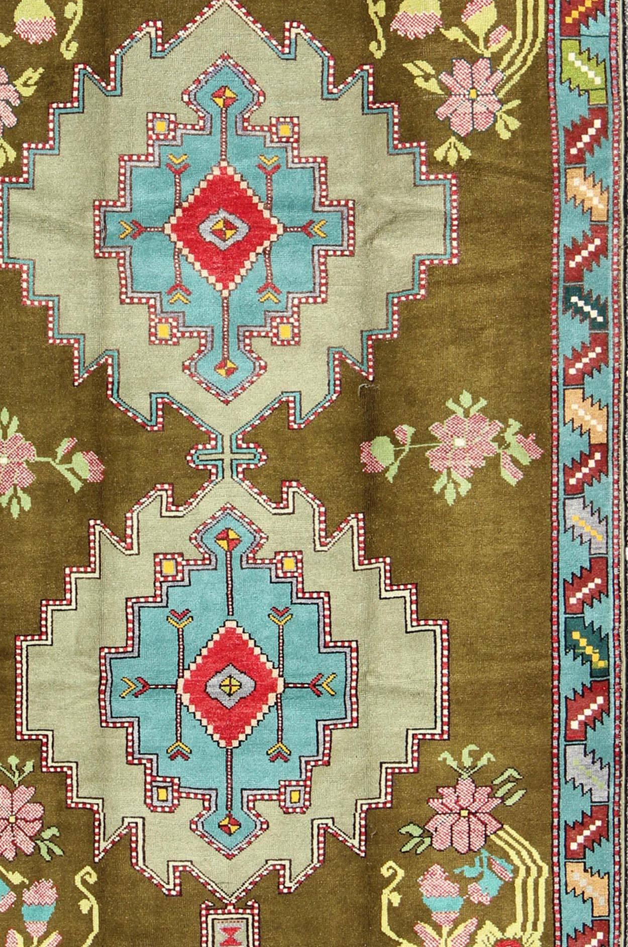 Oushak Bright Vintage Turkish Carpet in Green and Unique Vivid Colors & Design For Sale