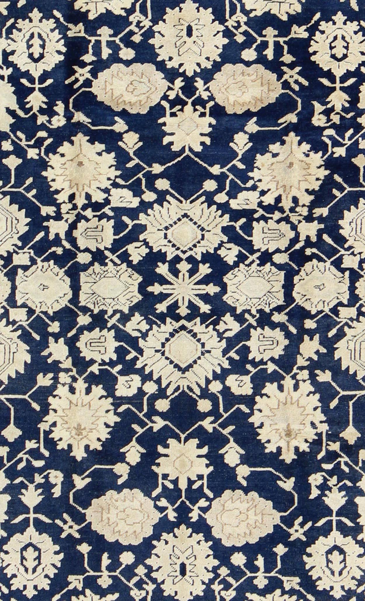 Tabriz Unique Turkish Oushak Rug with Floral Design in Dark Blue, Cream and Light Brown For Sale