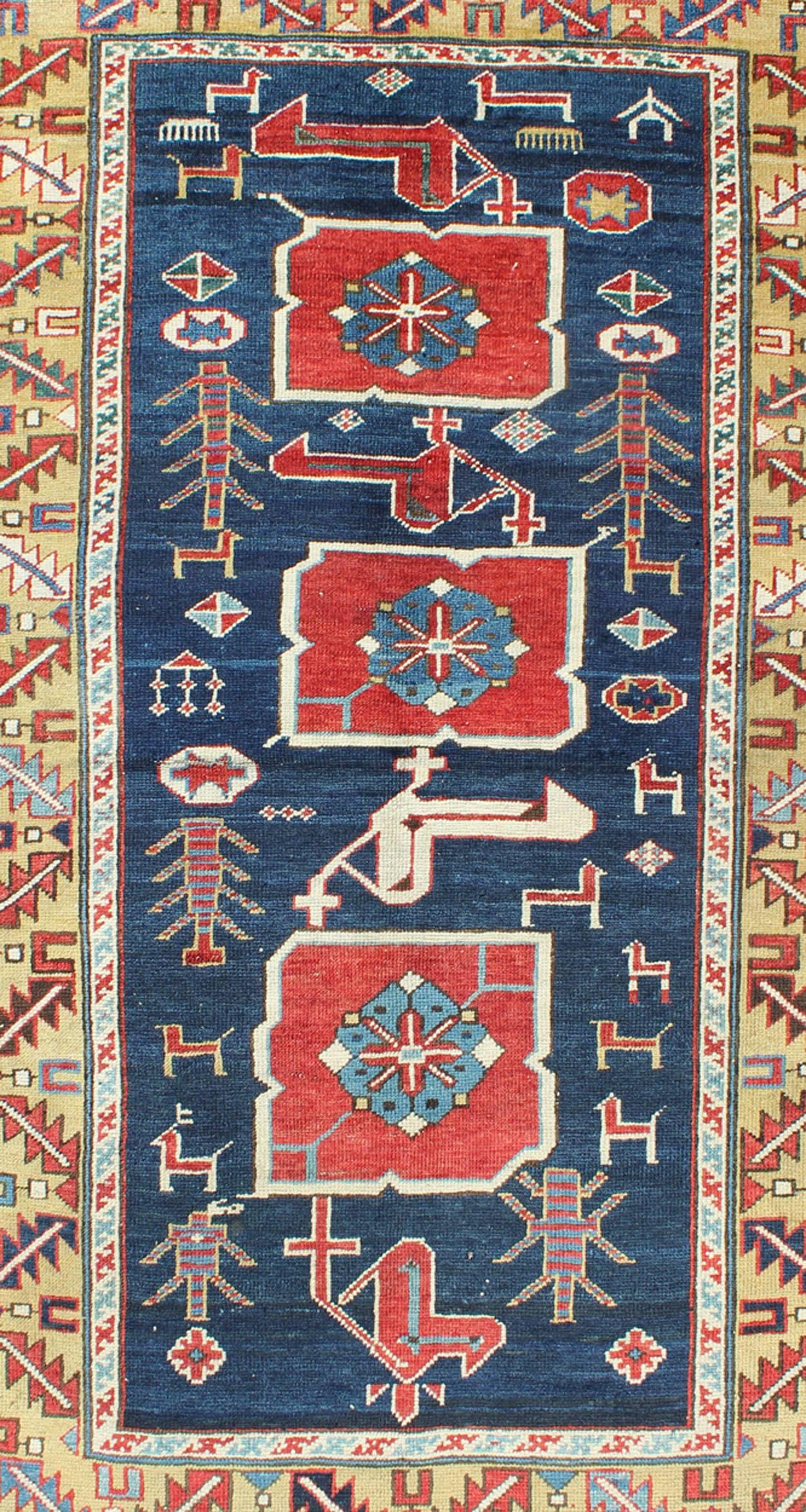 Kazak Antique Caucasian Karaqashli Rug in Blue Background and Yellow Border