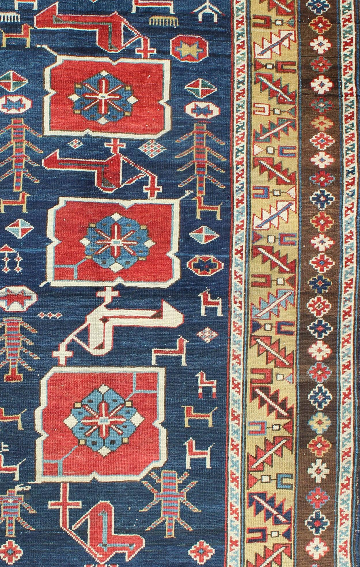 Hand-Knotted Antique Caucasian Karaqashli Rug in Blue Background and Yellow Border