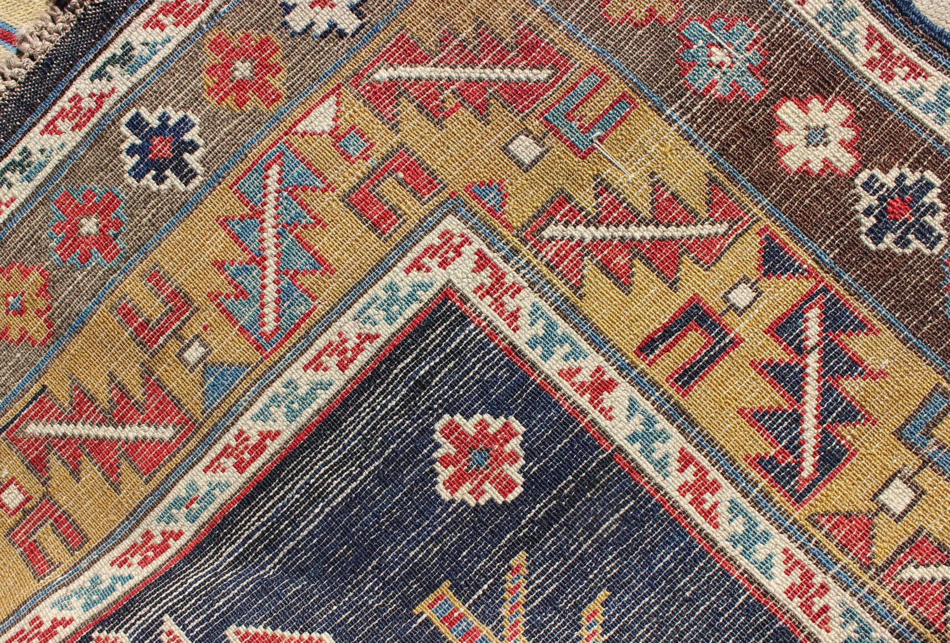 Wool Antique Caucasian Karaqashli Rug in Blue Background and Yellow Border