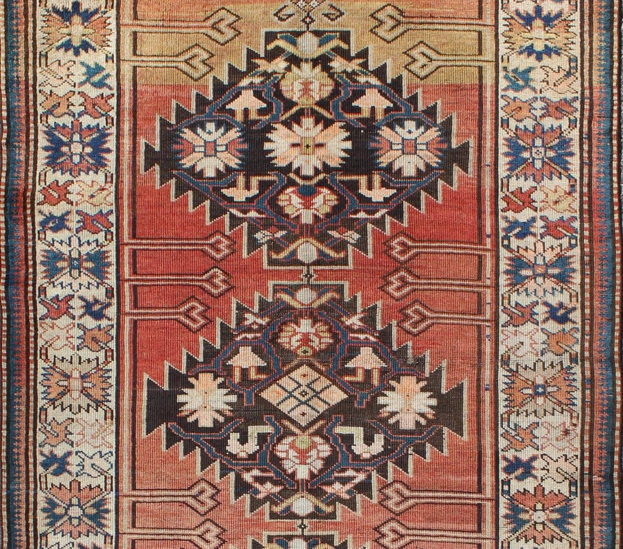 Hand-Knotted Antique Kazak Wide Runner with Geometric Design