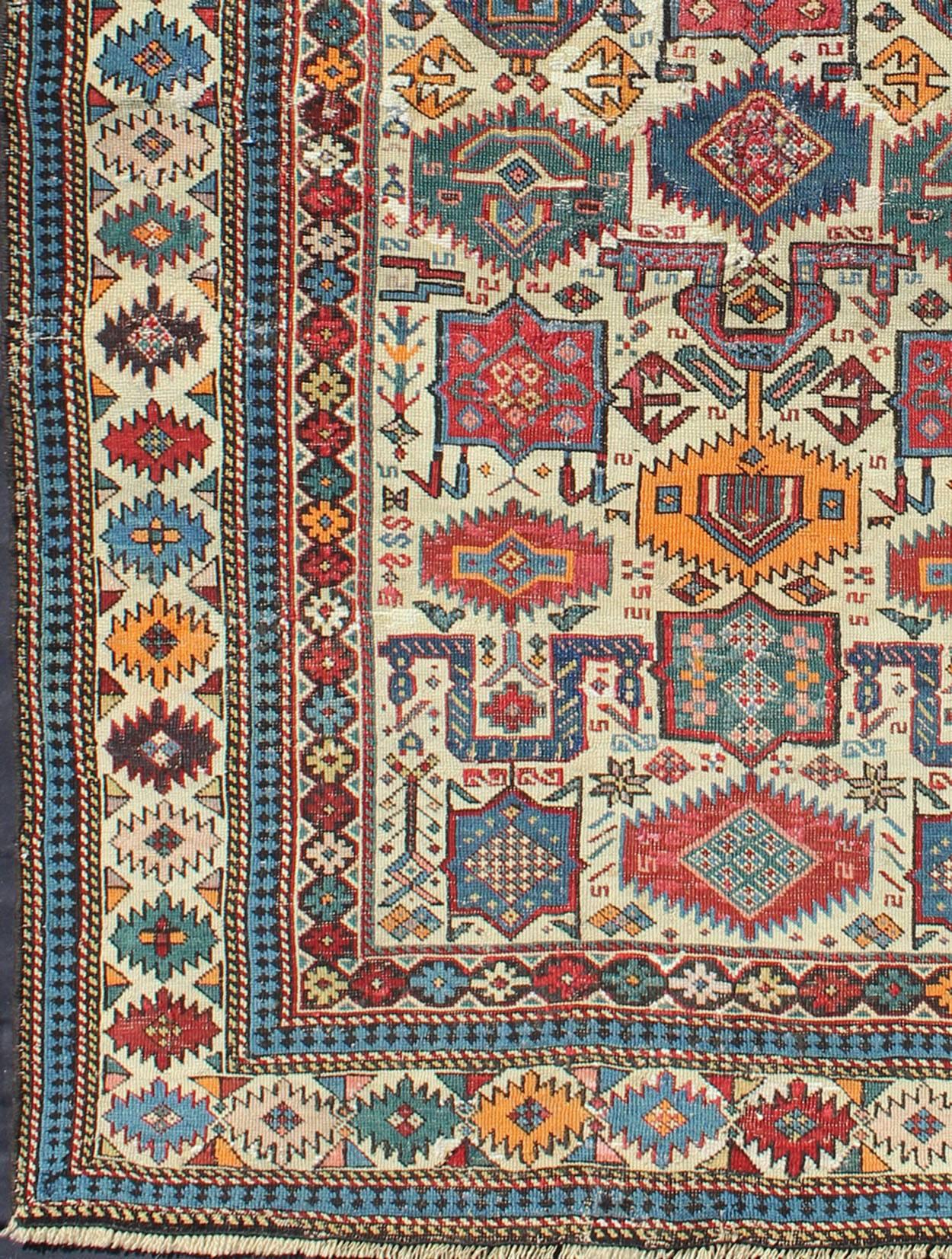 Antique Caucasian rugs from the Shirvan district village of Akstafa are among the rarest types of rugs from that region. Features the classic stylized birds and motifs on a ivory background. Akstafa rugs are more frequently found in either “long