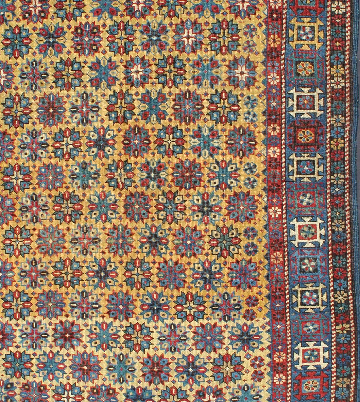 Hand-Knotted Rare Antique Caucasian Shirvan Rug in Yellow Background and Blue Border For Sale