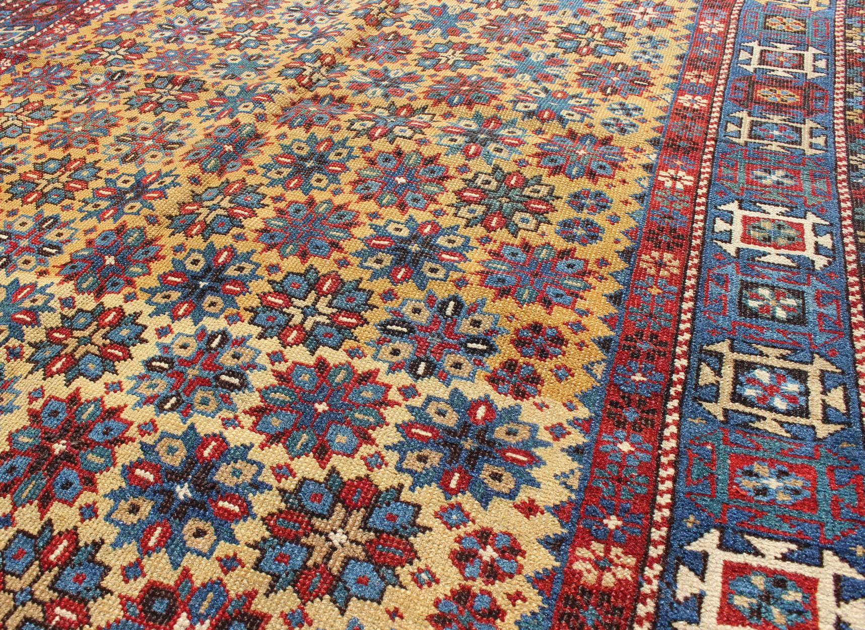Rare Antique Caucasian Shirvan Rug in Yellow Background and Blue Border In Good Condition For Sale In Atlanta, GA