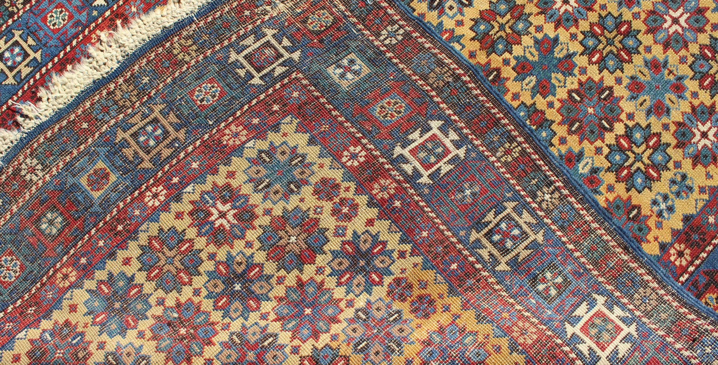 19th Century Rare Antique Caucasian Shirvan Rug in Yellow Background and Blue Border For Sale