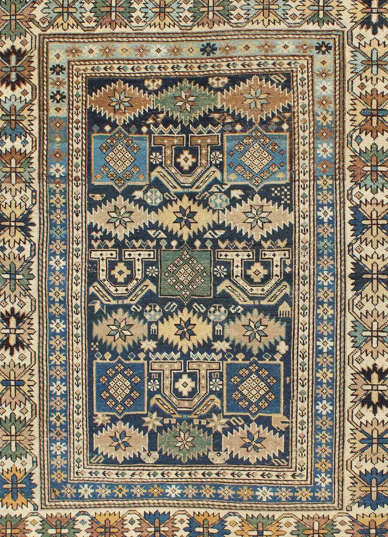 Kazak Antique Hand Knotted Caucasian Shirvan Rug in Blue with Tribal Design For Sale