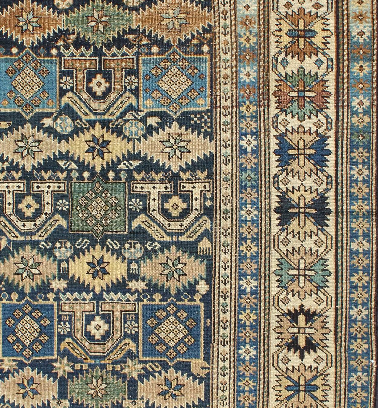 Hand-Knotted Antique Hand Knotted Caucasian Shirvan Rug in Blue with Tribal Design For Sale