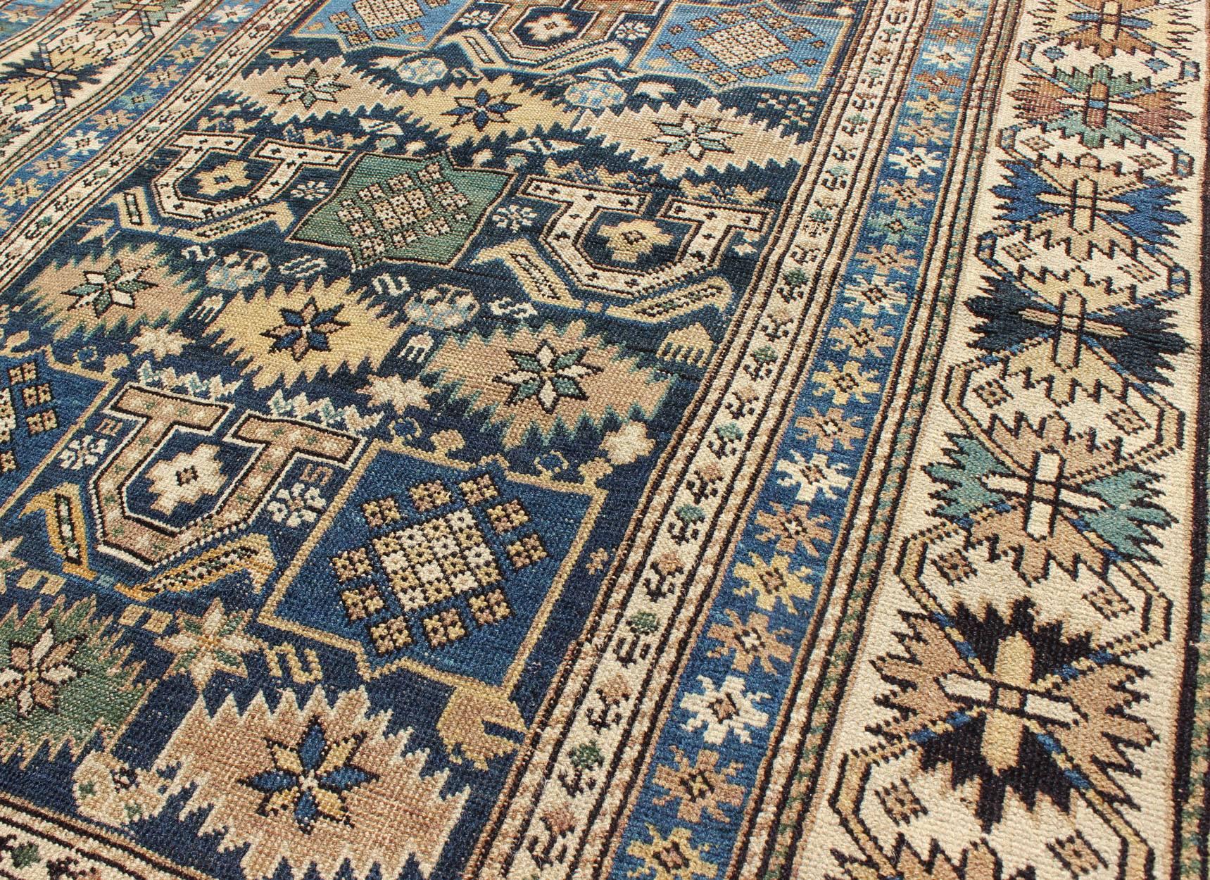 Antique Hand Knotted Caucasian Shirvan Rug in Blue with Tribal Design In Good Condition For Sale In Atlanta, GA