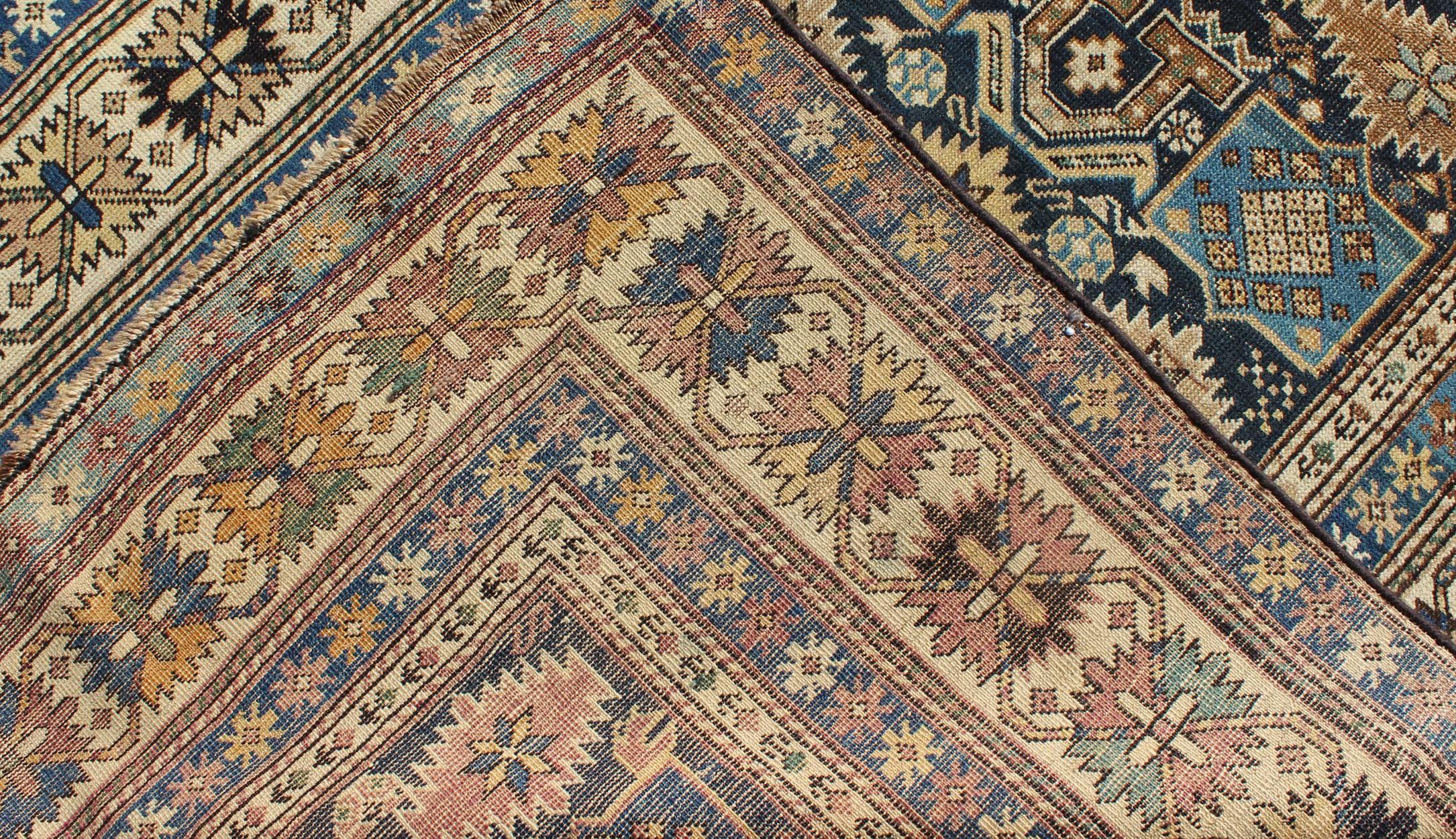 19th Century Antique Hand Knotted Caucasian Shirvan Rug in Blue with Tribal Design For Sale