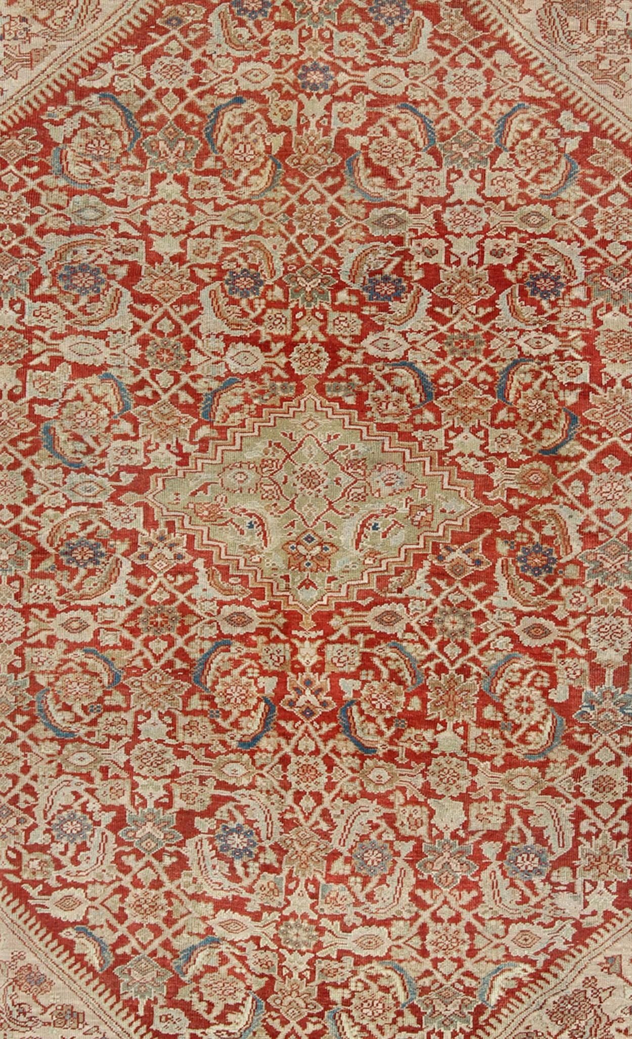 Hand-Knotted Antique Persian Sultanabad Rug in Red, Green, Blue, Taupe, and Cream For Sale