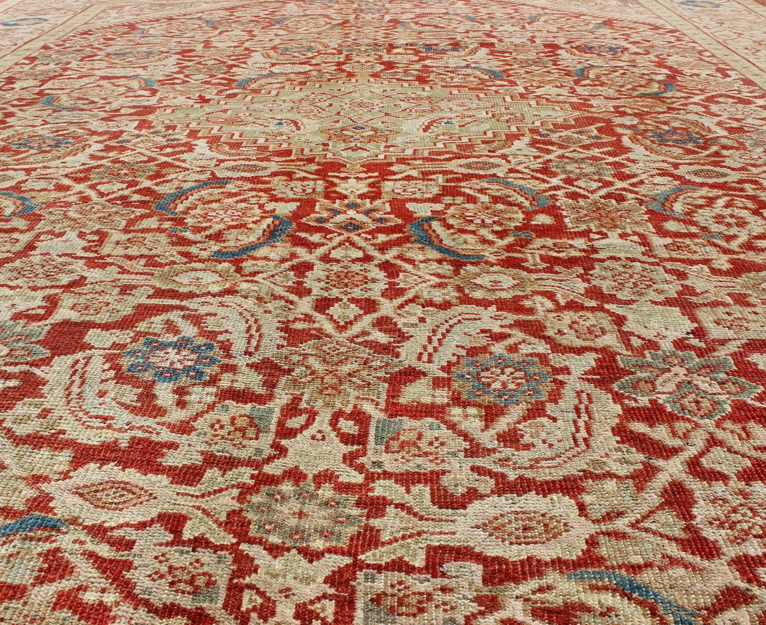 20th Century Antique Persian Sultanabad Rug in Red, Green, Blue, Taupe, and Cream For Sale