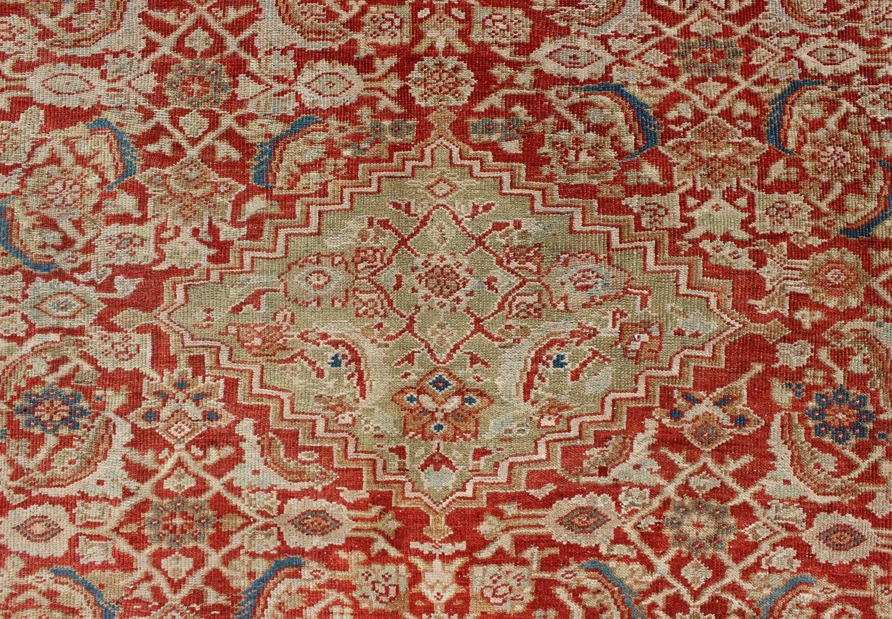 Wool Antique Persian Sultanabad Rug in Red, Green, Blue, Taupe, and Cream For Sale