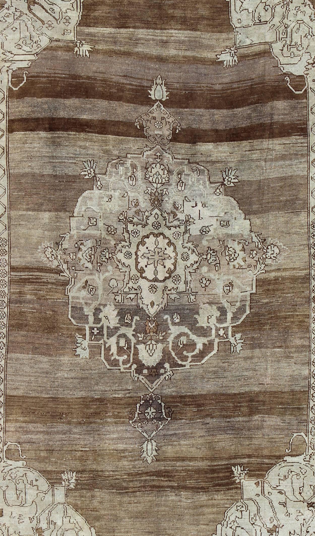 Oushak Unique Turkish Kars Carpet in Brown, Gray, Green and Ivory For Sale