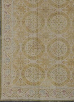 Antique Spanish Carpet in Yellow Green, Ivory and Lavender