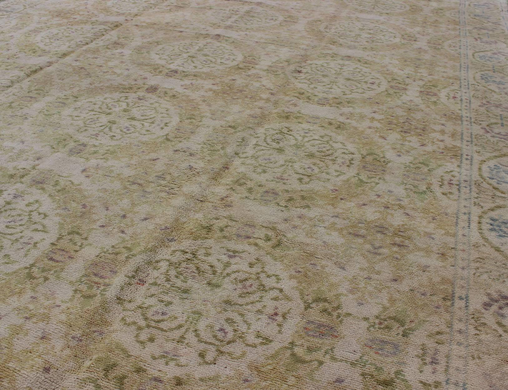 Antique Spanish Carpet in Yellow Green, Ivory and Lavender In Good Condition For Sale In Atlanta, GA
