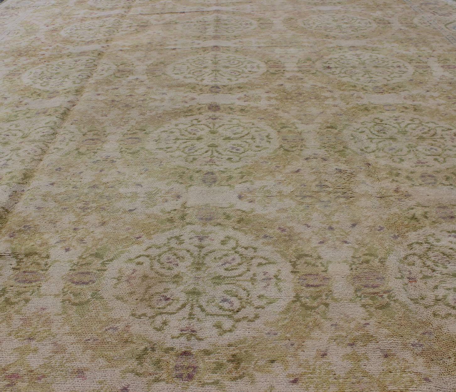 20th Century Antique Spanish Carpet in Yellow Green, Ivory and Lavender For Sale