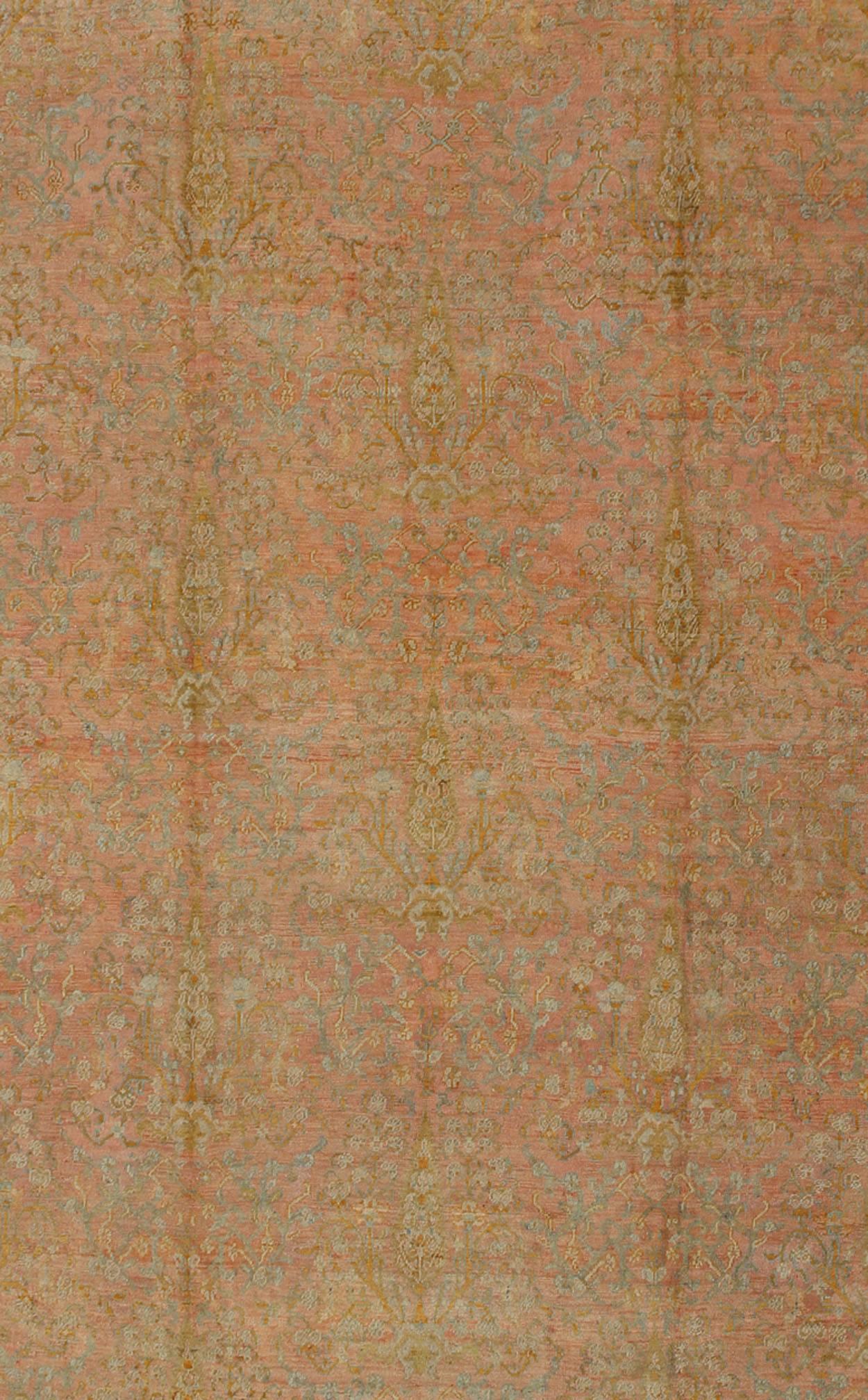 Large Antique Turkish Oushak Rug in Pink, Light Blue and Chartreuse Green In Good Condition In Atlanta, GA