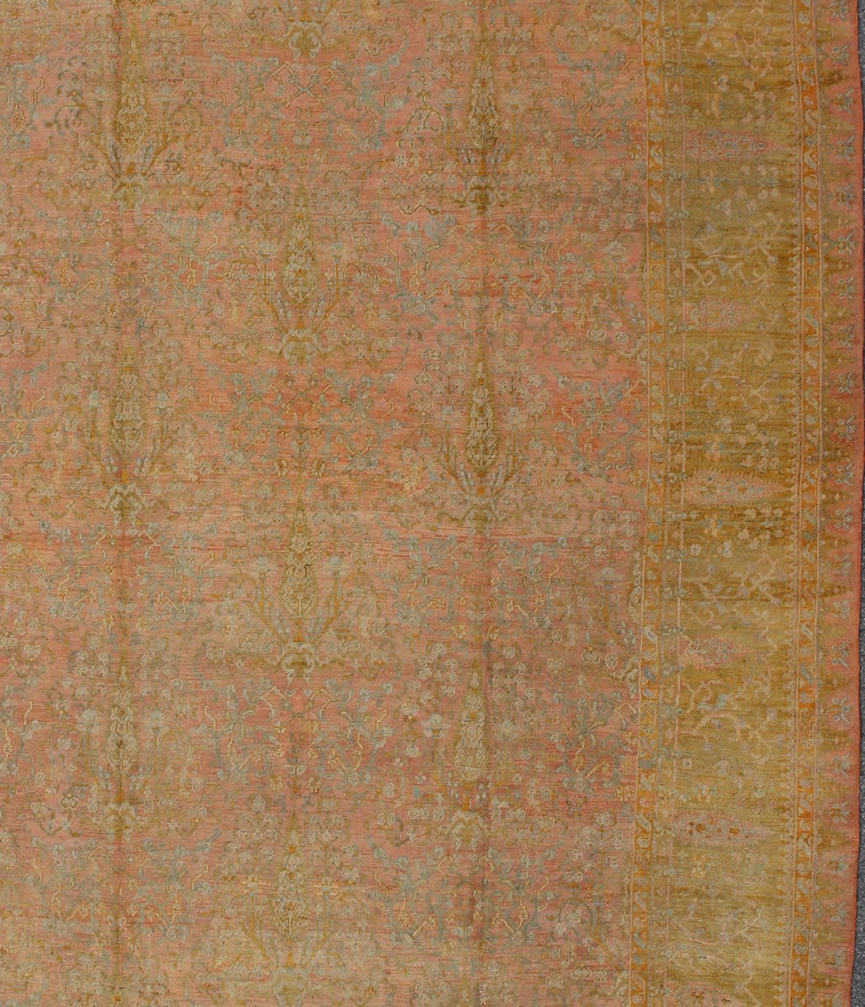 19th Century Large Antique Turkish Oushak Rug in Pink, Light Blue and Chartreuse Green