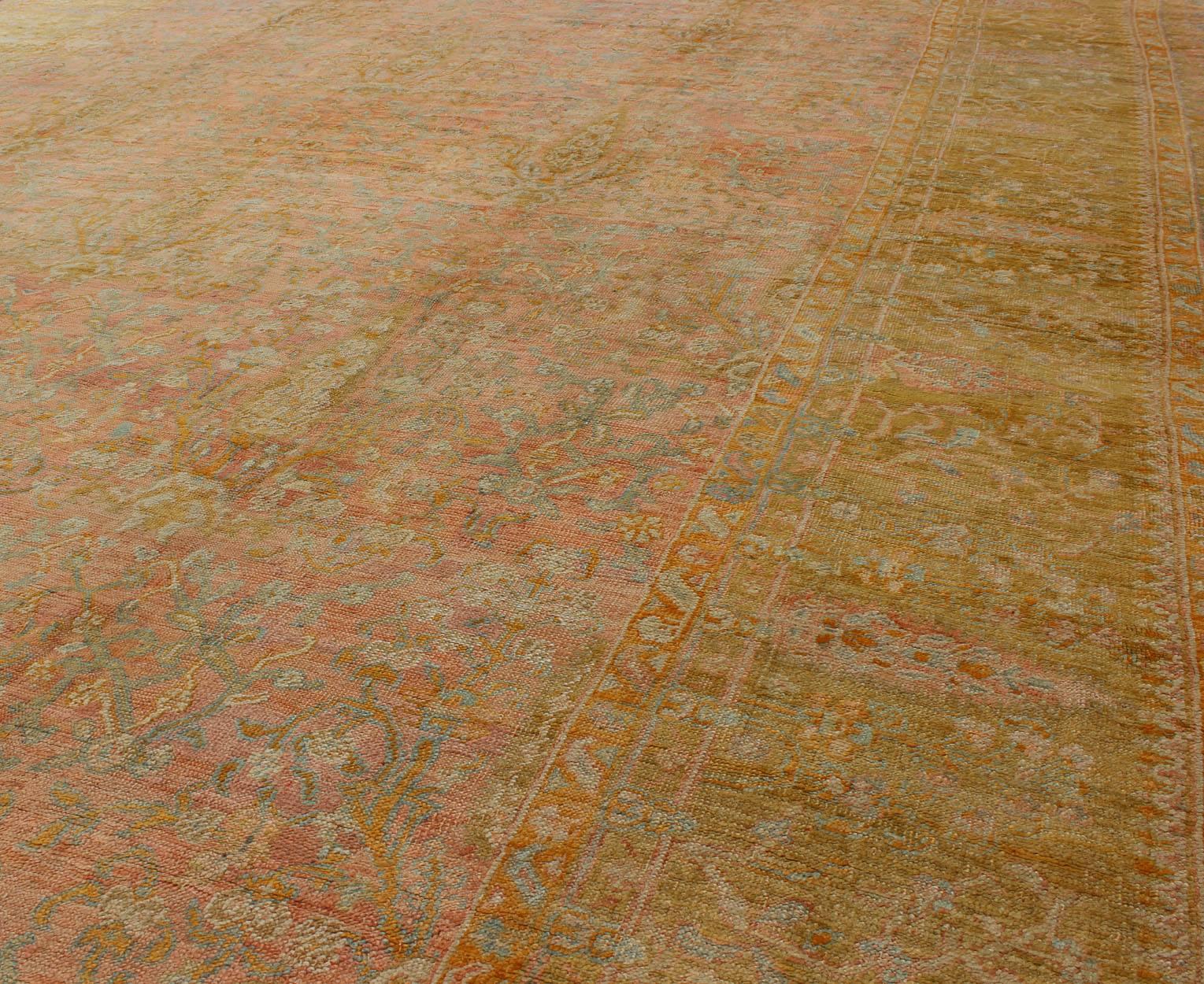 Wool Large Antique Turkish Oushak Rug in Pink, Light Blue and Chartreuse Green