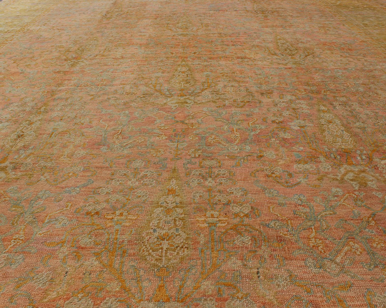 Large Antique Turkish Oushak Rug in Pink, Light Blue and Chartreuse Green 1