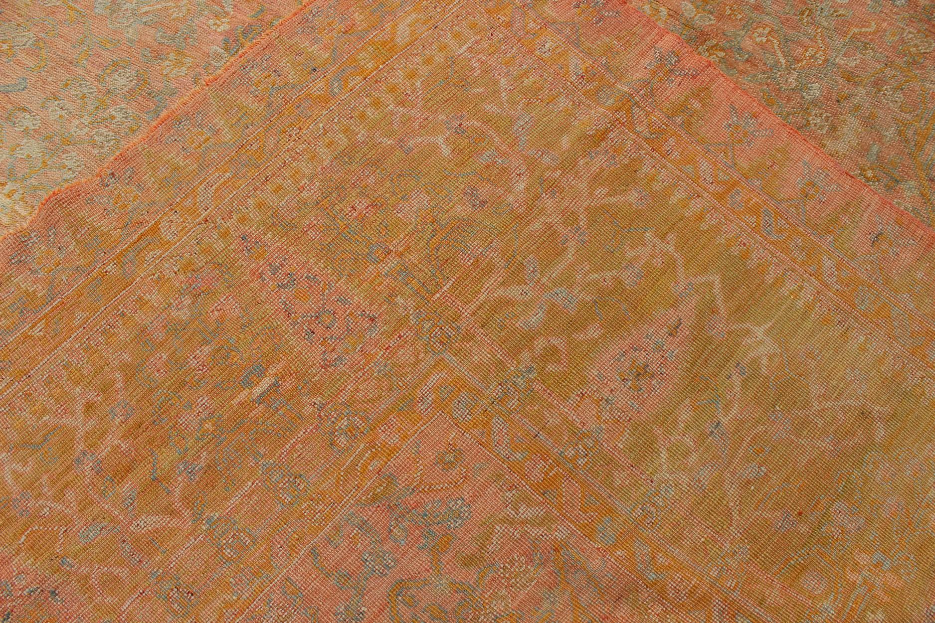 Large Antique Turkish Oushak Rug in Pink, Light Blue and Chartreuse Green 2